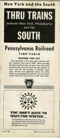 Pennsylvania Railroad Time Table Thru Trains NY to Philadelphia & South 1967