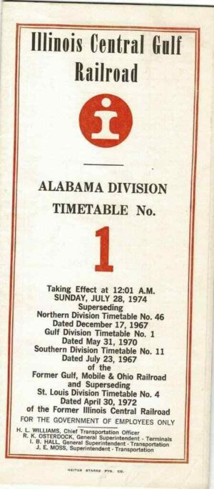 Illinois-Central-Gulf-Rail-Road-Alabama-Division-Timetable-No-1-1974-FREE-SHIP-163806948313