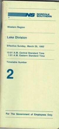 Norfolk Southern Western Lake Div 1992 Timetable