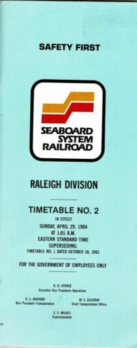 Seaboard System Raleigh Div Timetable 1984