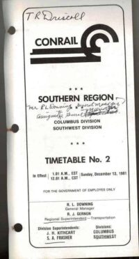 Conrail Southern Region Timetable, December, 1981
