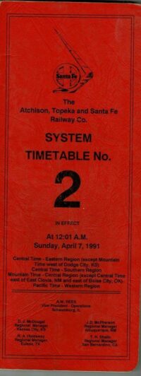 Santa Fe Eastern Lines Employee Timetable 1991