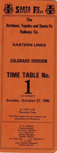 Santa Fe Colorado Div Timetable 1985