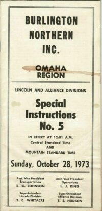 Burlington Northern Lincoln & Alliance Div'ns Timetable 1973