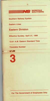 Norfolk Southern Eastern Div Timetable #3 1986